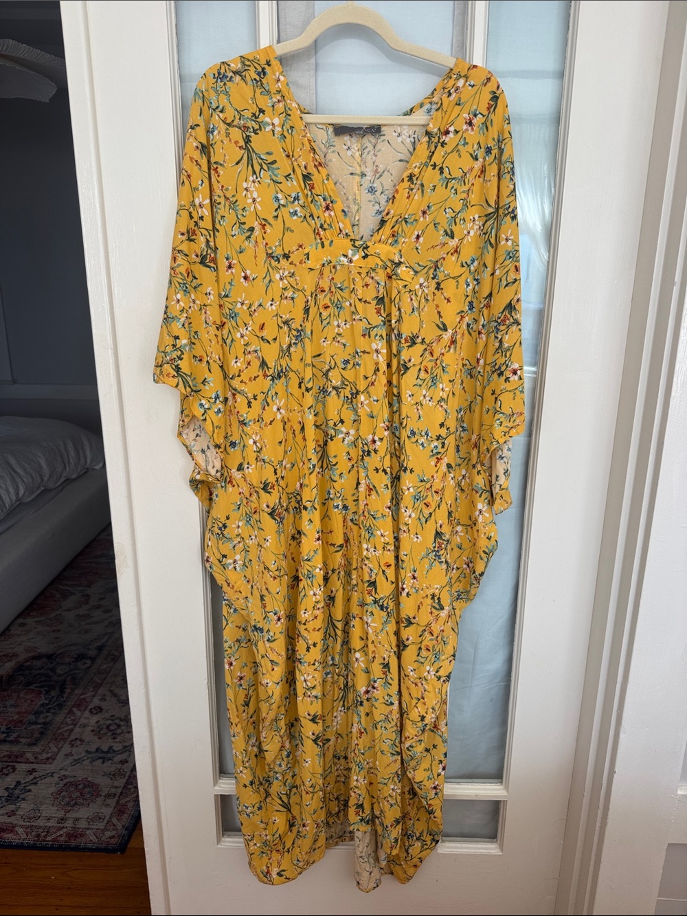 Yellow Floral V-Neck Maxi Kaftan Dress